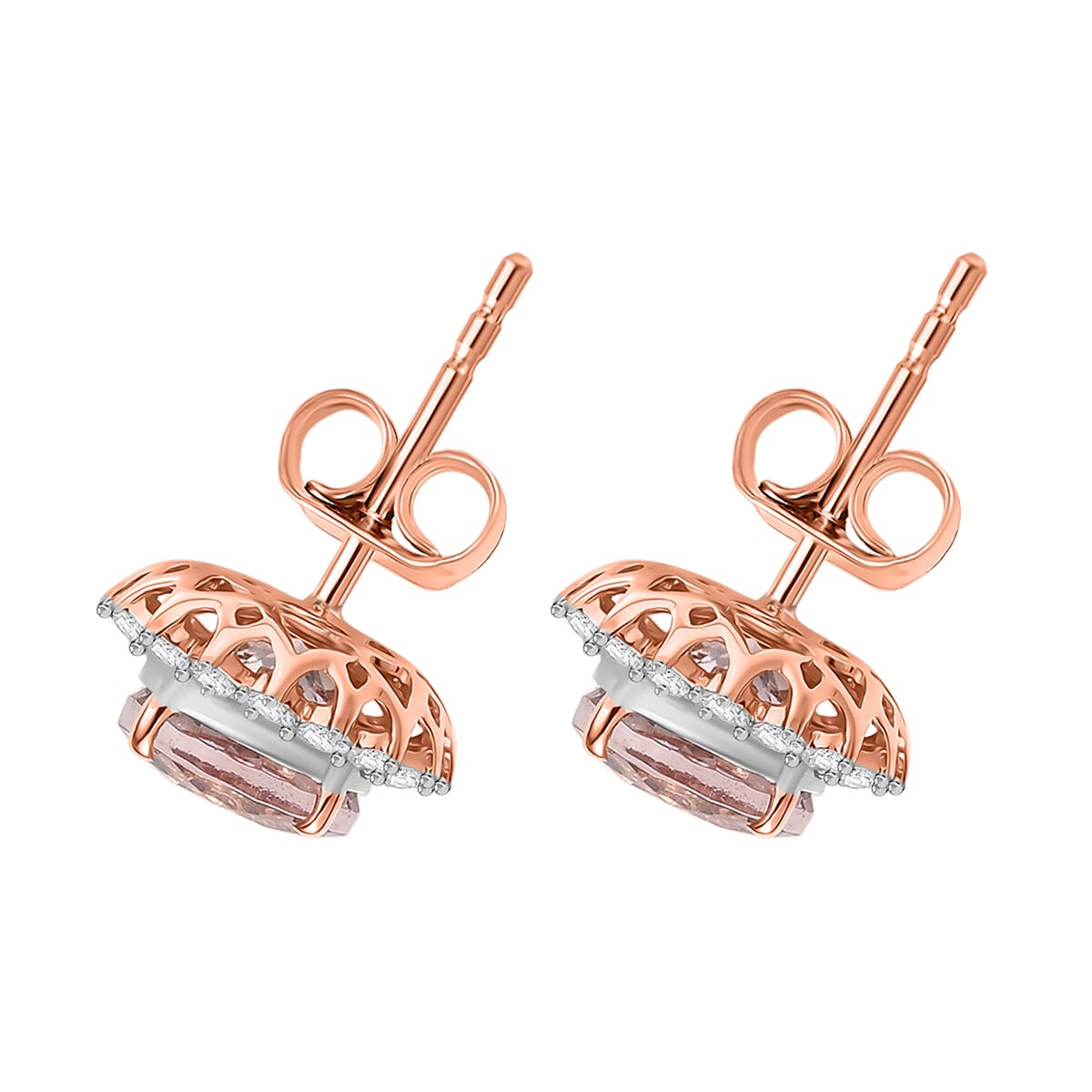 Certified & Appraised Luxoro AAA Marropino Morganite and G-H I2 Diamond 3.22 ctw Stud Earrings in 10K Rose Gold (Del. in 10-15 Days) image number 3