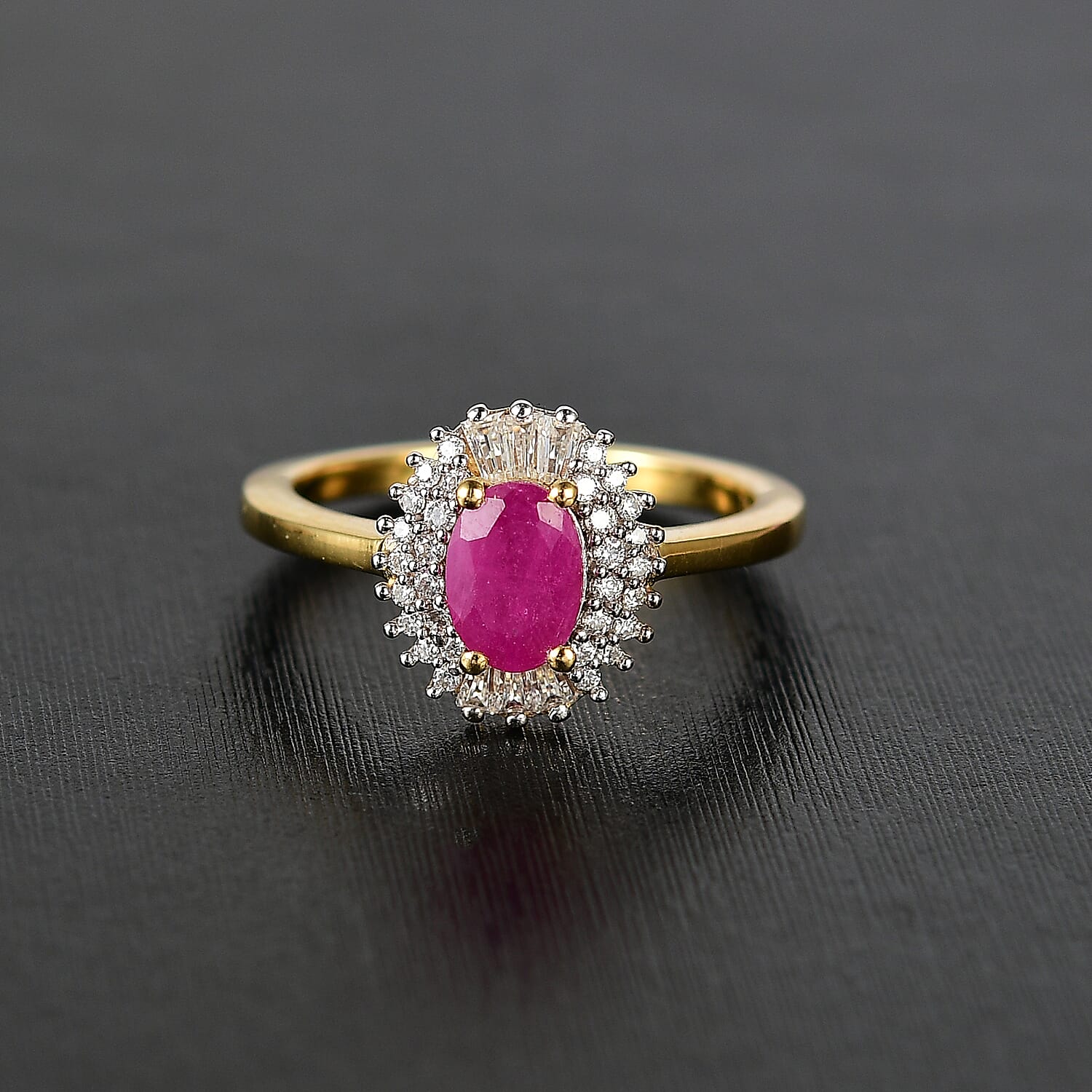 Premium Royal Ruby, Moissanite Rising Sun Ring in 18K Vermeil YG Over Sterling Silver (Size 10.0) 1.65 ctw