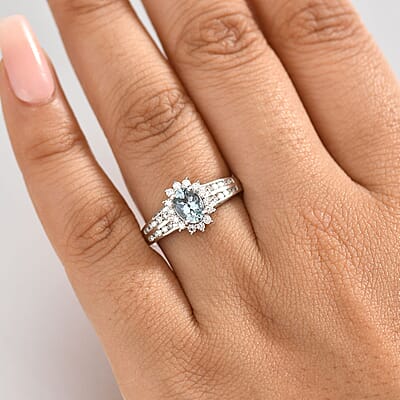D'Joy Santa Maria Aquamarine and Lab Grown Diamond 1.10 ctw Marina Halo Ring in Rhodium Over Sterling Silver (Size 10.0)