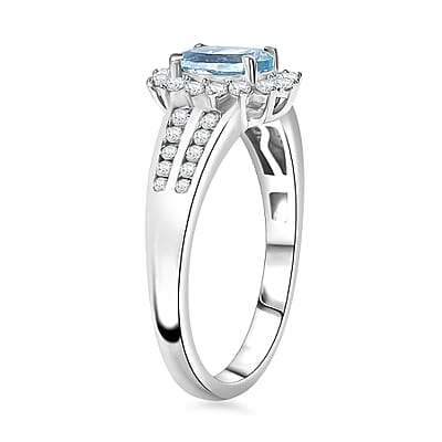D'Joy Santa Maria Aquamarine and Lab Grown Diamond 1.10 ctw Marina Halo Ring in Rhodium Over Sterling Silver (Size 10.0)
