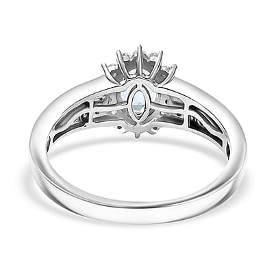 D'Joy Santa Maria Aquamarine and Lab Grown Diamond 1.10 ctw Marina Halo Ring in Rhodium Over Sterling Silver (Size 10.0)
