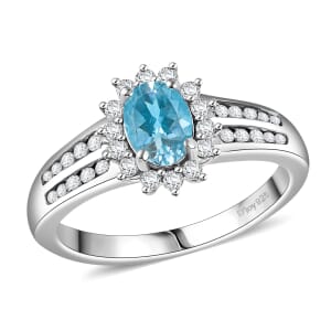 Santa Maria Aquamarine and Luxuriant Lab Grown Diamond 1.10 ctw Sea Bank Ring in Rhodium Over Sterling Silver (Size 7.0)