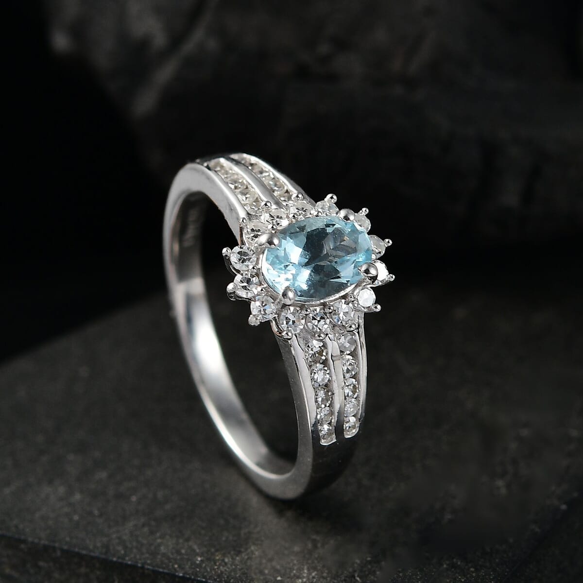 Santa Maria Aquamarine and Luxuriant Lab Grown Diamond 1.10 ctw Sea Bank Ring in Rhodium Over Sterling Silver (Size 7.0) image number 1