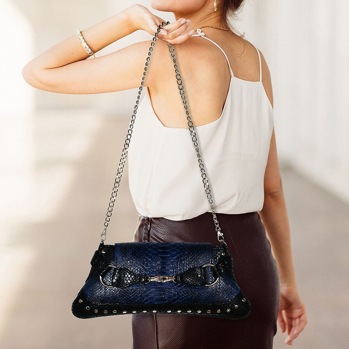 The Grand Pelle Navy Blue 100% Genuine Python Leather Reticulatus Bag image number 1