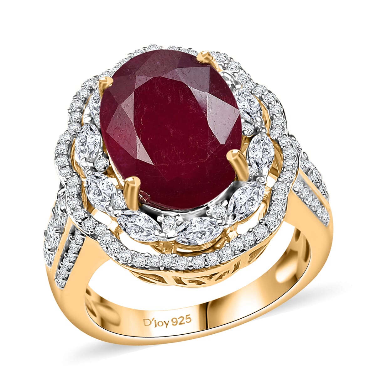 D'Joy Niassa Ruby (FF) and Moissanite 11.40 ctw Crimson Majesty Ring in 18K Vermeil Yellow Gold Over Sterling Silver (Size 10.0) image number 0