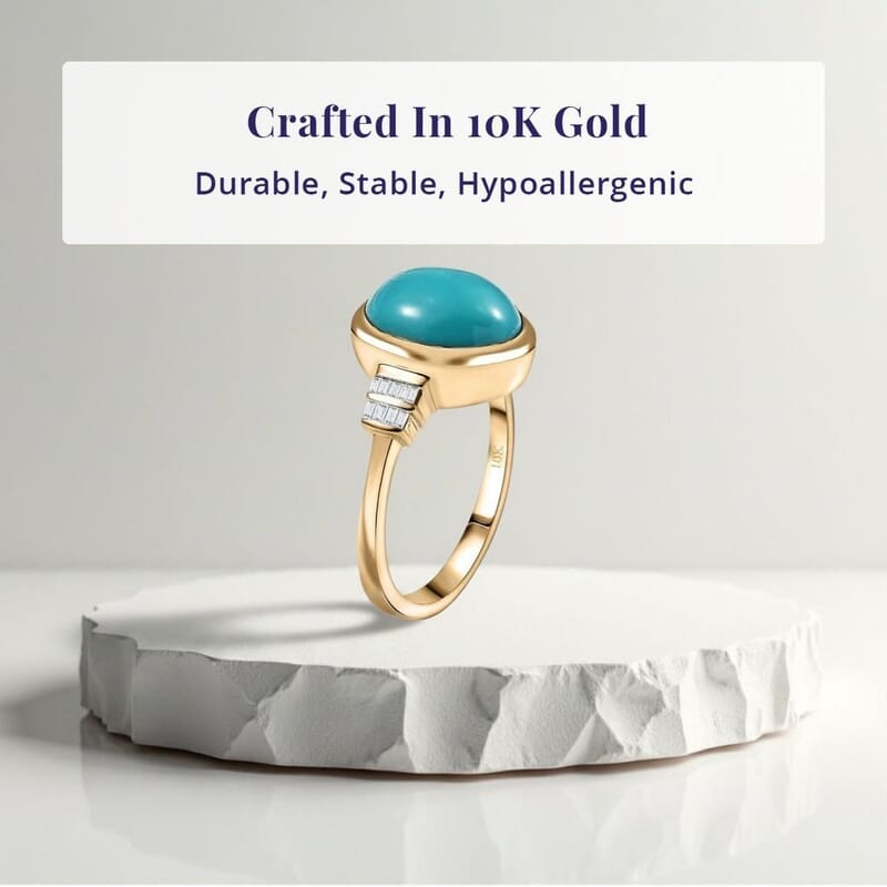 Luxoro Premium Sleeping Beauty Turquoise and Diamond G-H I2 4.40 ctw Ring in 10K Yellow Gold (Size 7.0)