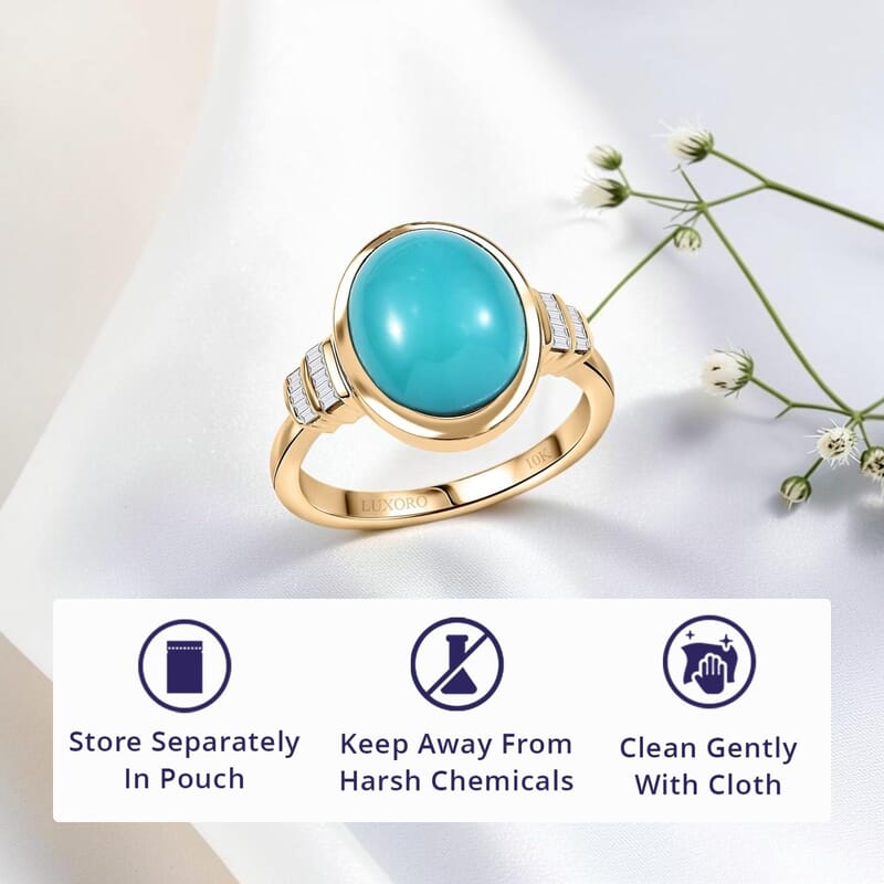 Luxoro Premium Sleeping Beauty Turquoise and Diamond G-H I2 4.40 ctw Ring in 10K Yellow Gold (Size 7.0)