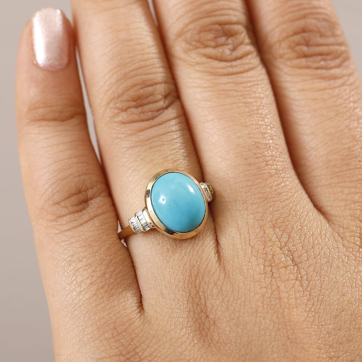 Luxoro Premium Sleeping Beauty Turquoise and Diamond G-H I2 4.40 ctw Ring in 10K Yellow Gold (Size 7.5) image number 2