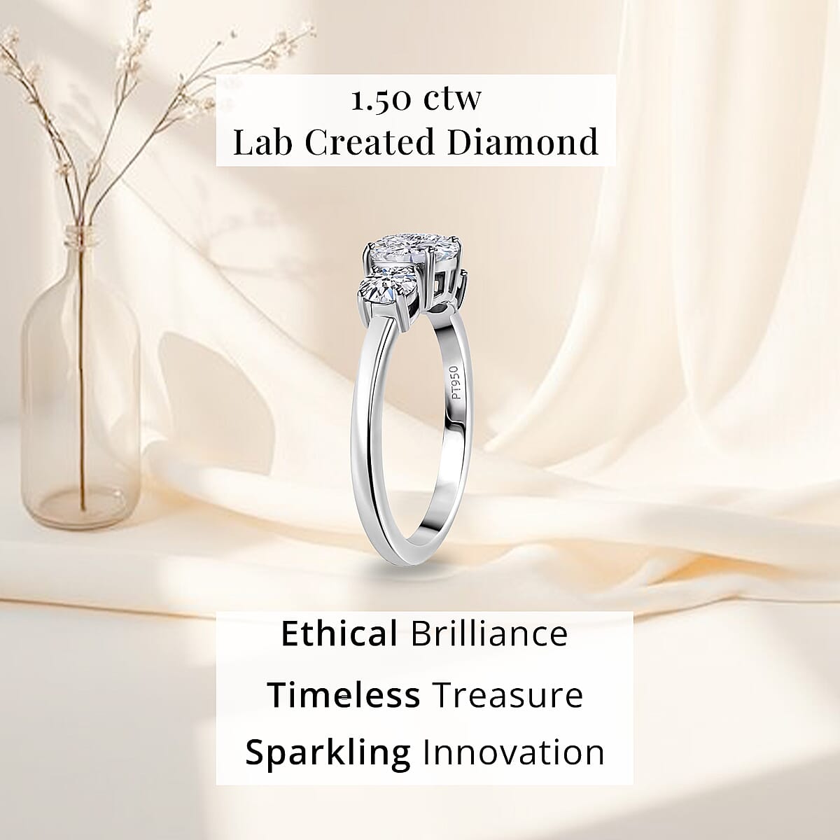 IGI Certified Luxuriant Lab Grown Diamond E-F VS 1.50 ctw Timeless Trinity Ring in 950 Platinum (Size 7.0) 5 Grams image number 4