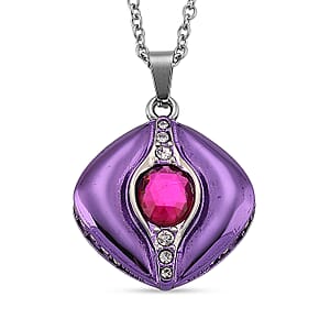 Fuchsia Glass and Austrian Crystal Enameled Necklace in Stainless Steel 20 Inches
