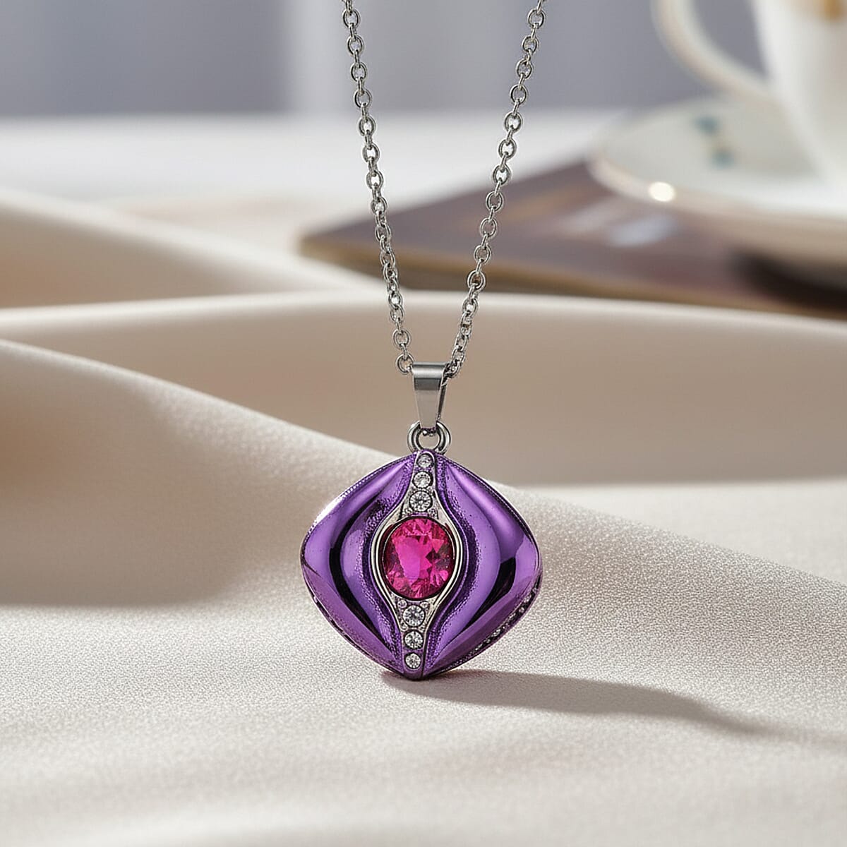Fuchsia Glass and Austrian Crystal Enameled Necklace in Stainless Steel 20 Inches image number 1