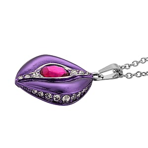 Fuchsia Glass, Austrian Crystal Enameled Pendant Necklace  in Stainless Steel (20 Inches)