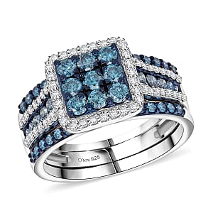 Set of 3 Venice Blue Diamond I1-I2 and Diamond 1.50 ctw Bridal Ring Set in Platinum Over Sterling Silver (Size 10.0) 
