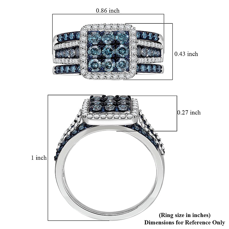 Set of 3 Venice Blue Diamond I1-I2 and Diamond 1.50 ctw Bridal Ring Set in Platinum Over Sterling Silver (Size 10.0) 
