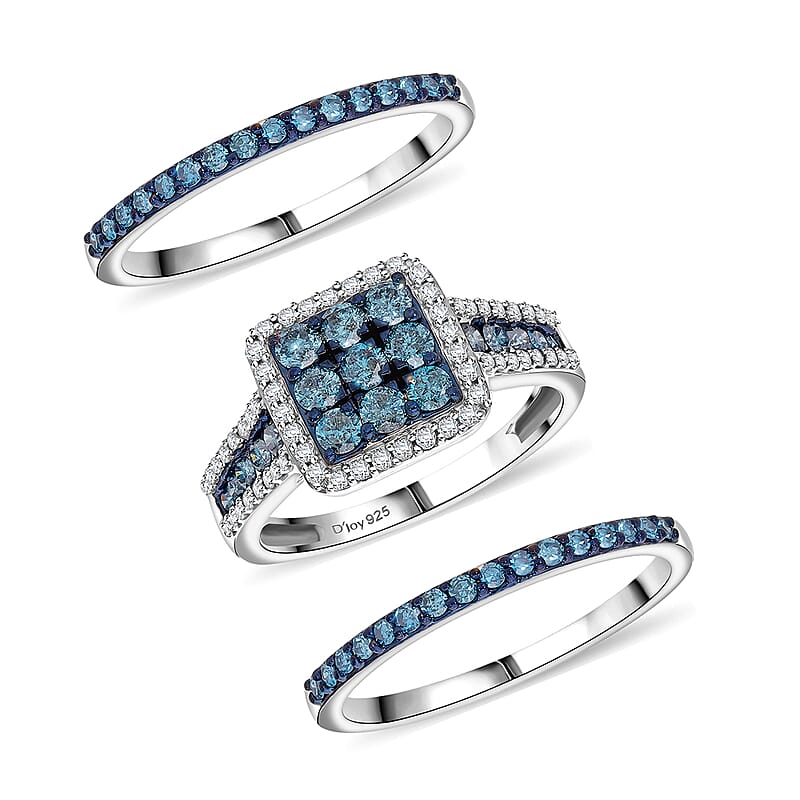 Set of 3 Venice Blue Diamond I1-I2 and Diamond 1.50 ctw Bridal Ring Set in Platinum Over Sterling Silver (Size 7.0)