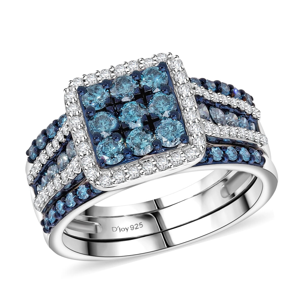 Set of 3 Venice Blue Diamond I1-I2 and Diamond 1.50 ctw Bridal Ring Set in Platinum Over Sterling Silver (Size 7.0)  image number 2