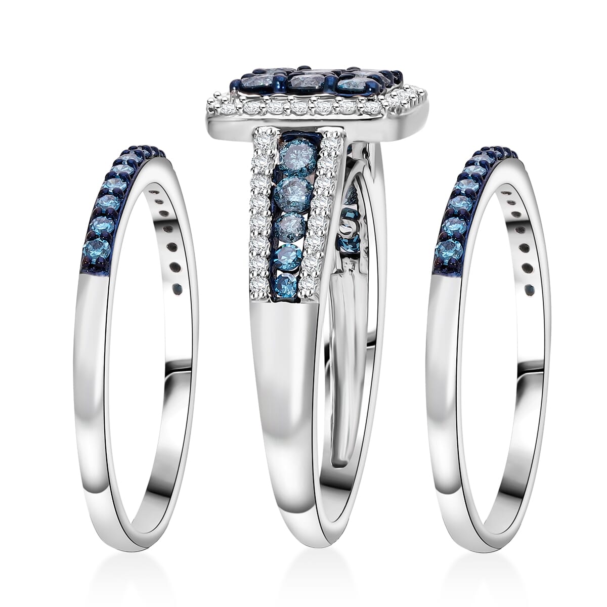 Set of 3 Venice Blue Diamond I1-I2 and Diamond 1.50 ctw Bridal Ring Set in Platinum Over Sterling Silver (Size 7.0)  image number 3