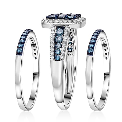 Set of 3 Venice Blue Diamond I1-I2 and Diamond 1.50 ctw Bridal Ring Set in Platinum Over Sterling Silver (Size 7.0)