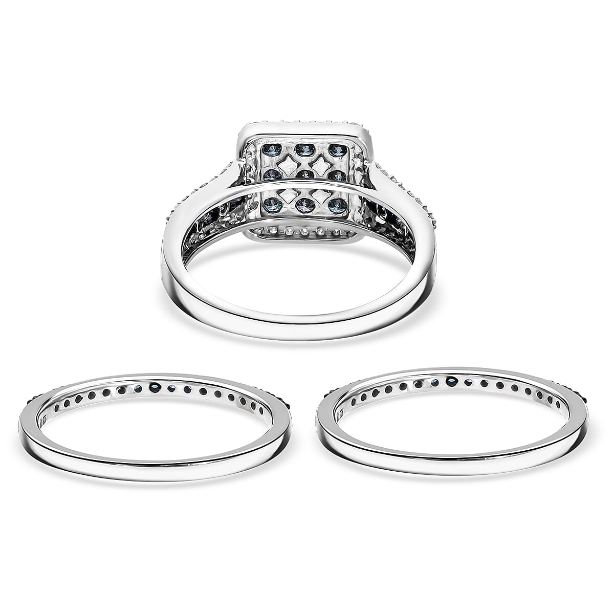 Set of 3 Venice Blue Diamond I1-I2 and Diamond 1.50 ctw Bridal Ring Set in Platinum Over Sterling Silver (Size 7.0)