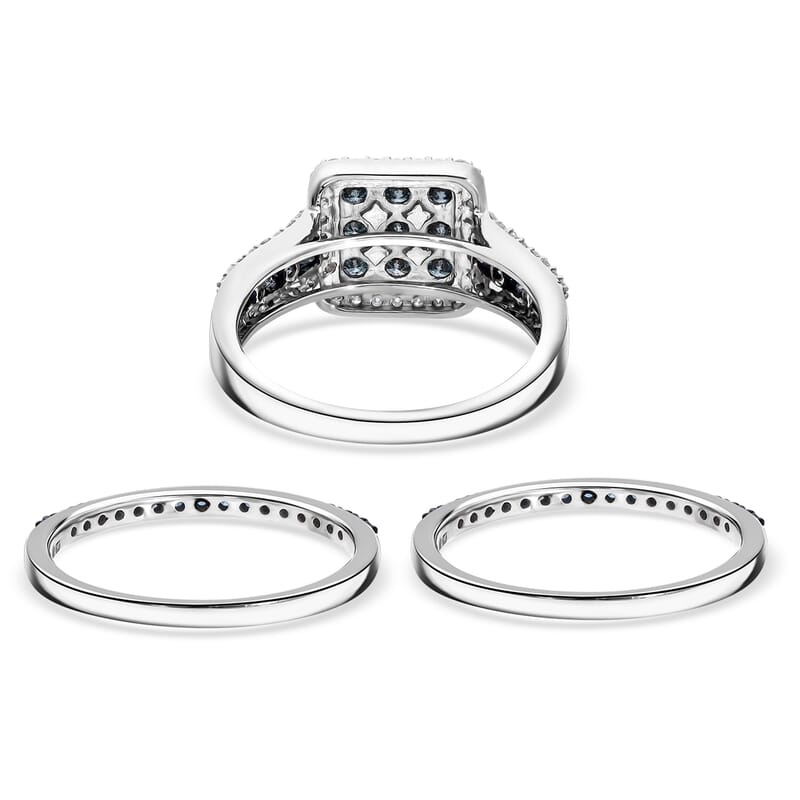 Set of 3 Venice Blue Diamond I1-I2 and Diamond 1.50 ctw Bridal Ring Set in Platinum Over Sterling Silver (Size 7.0)