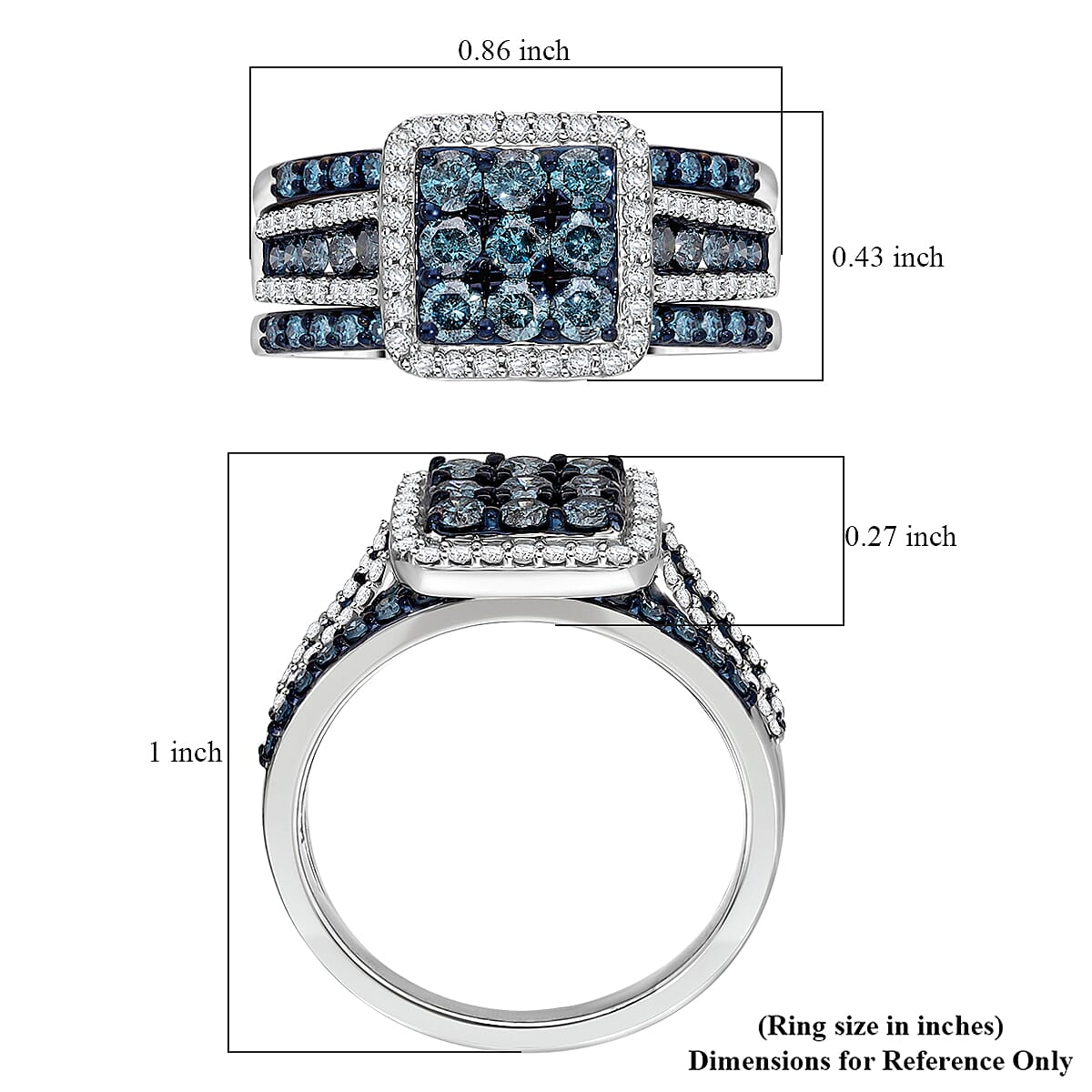 Set of 3 Venice Blue Diamond I1-I2 and Diamond 1.50 ctw Bridal Ring Set in Platinum Over Sterling Silver (Size 7.0)