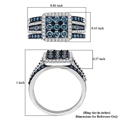 Set of 3 Venice Blue Diamond I1-I2 and Diamond 1.50 ctw Bridal Ring Set in Platinum Over Sterling Silver (Size 7.0)