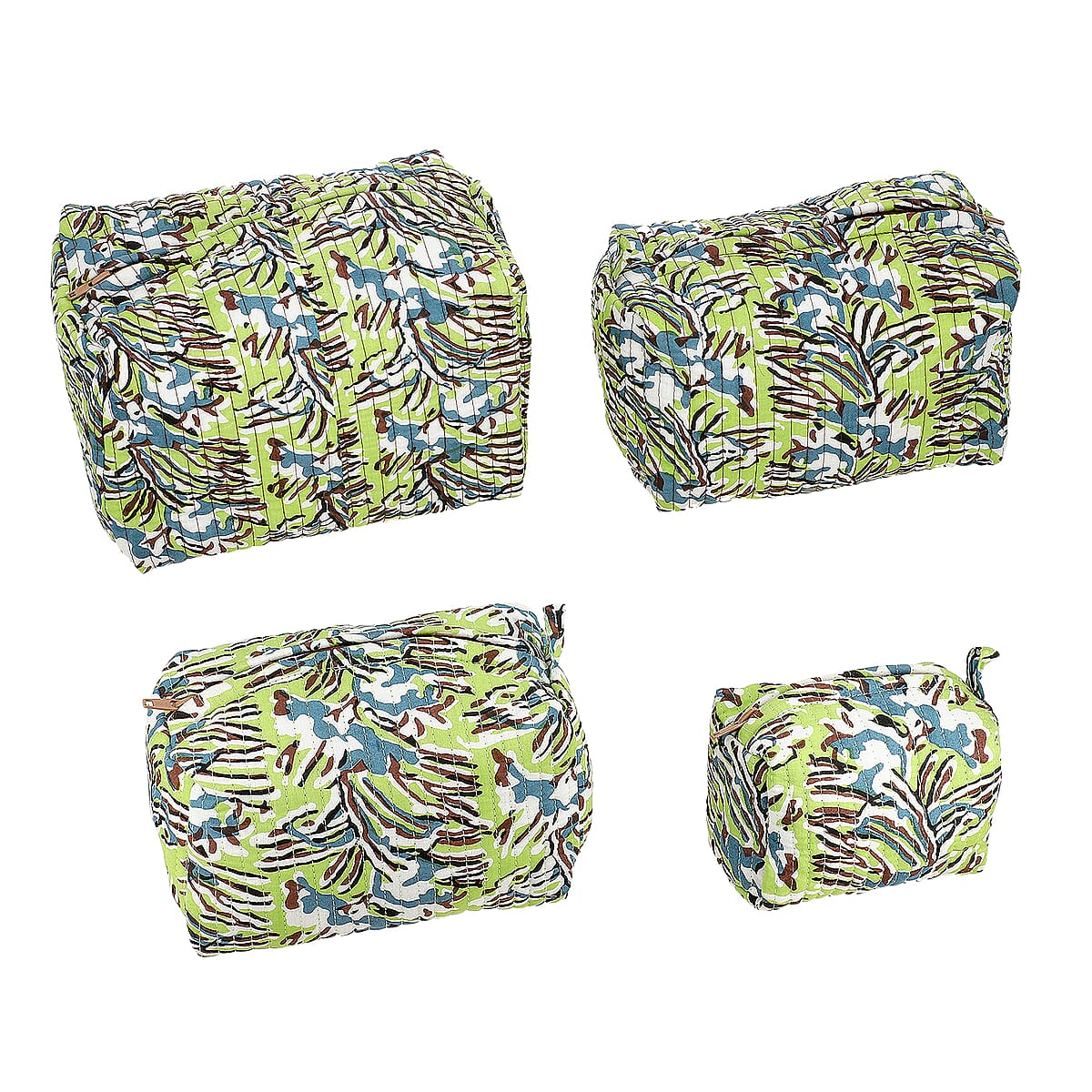Green Quilted Fabric Set of 4 Pouches with Zipper Closure image number 4
