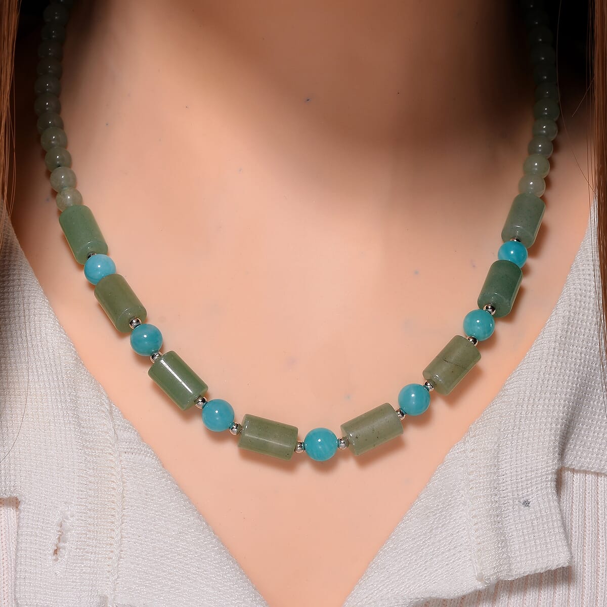 Green Aventurine and Amazonite 135 ctw Necklace 18-20 Inches in Silvertone image number 1