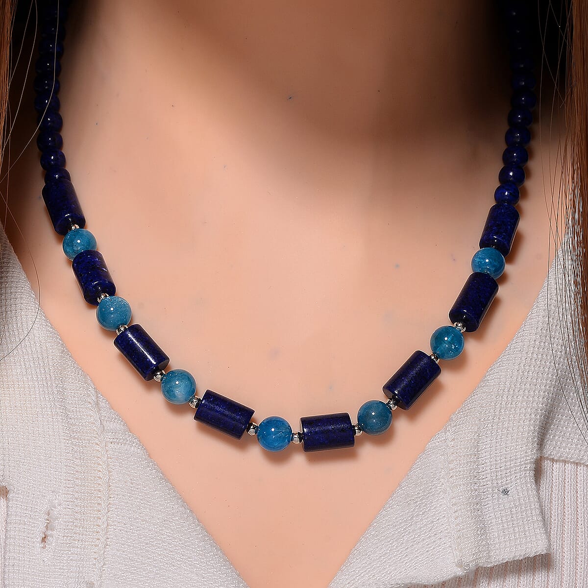 Lapis Lazuli and Blue Apatite 135 ctw Necklace 18-20 Inches in Silvertone  image number 1