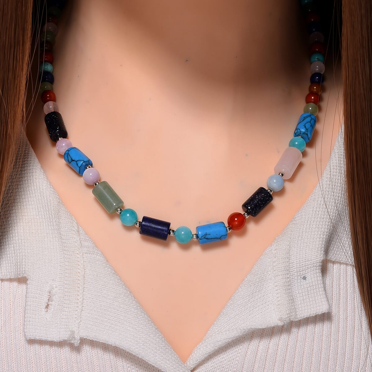 Multi Gemstones and Multi Beryl 135 ctw Necklace 18-20 Inches in Silvertone  image number 1