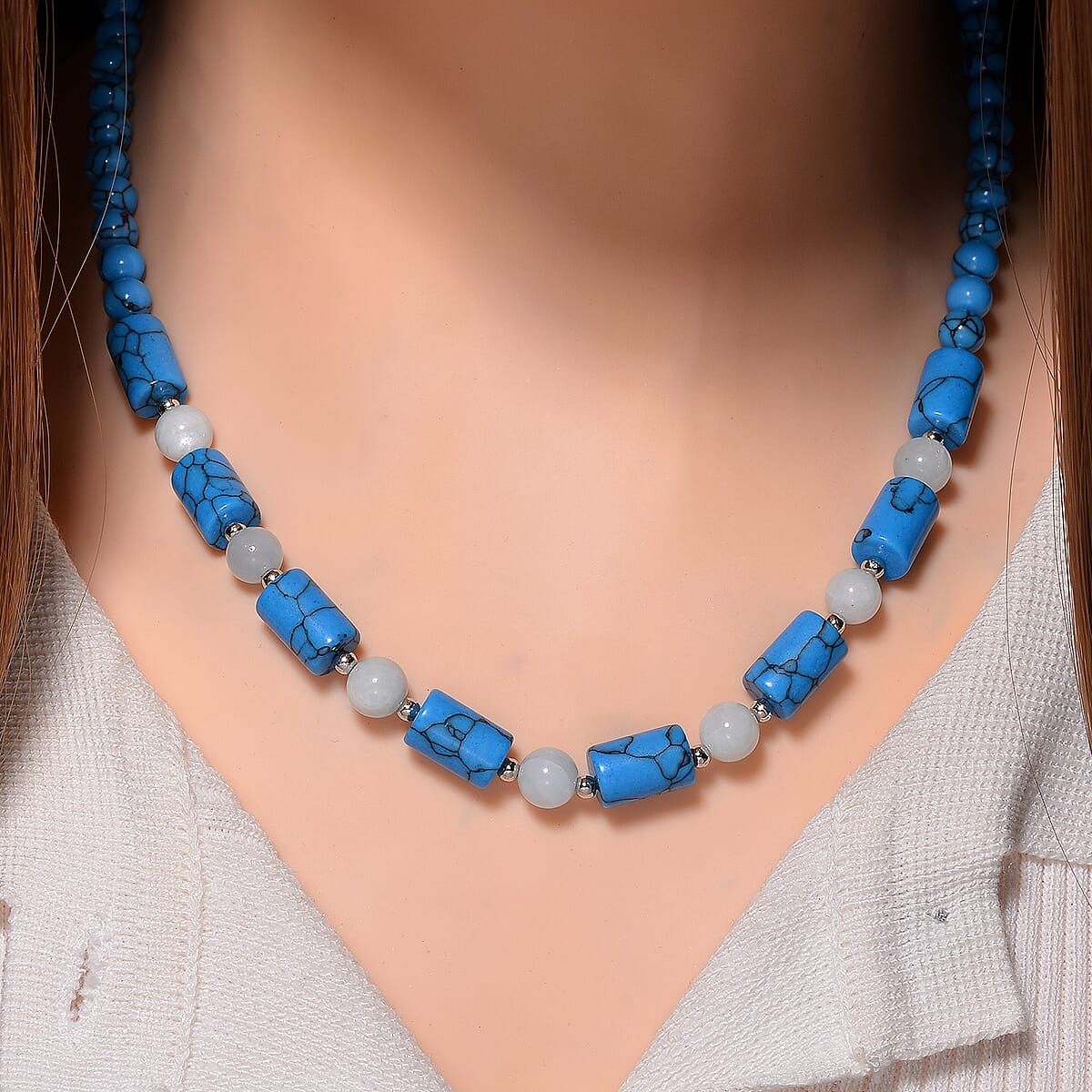 Constituted Blue Howlite, Aquamarine 135.00 ctw Necklace 18-20 Inches in Silvertone  image number 1