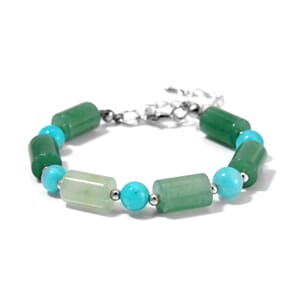 Green Aventurine and Amazonite 55 ctw Bracelet in Silvertone (6.5-8.5In) 