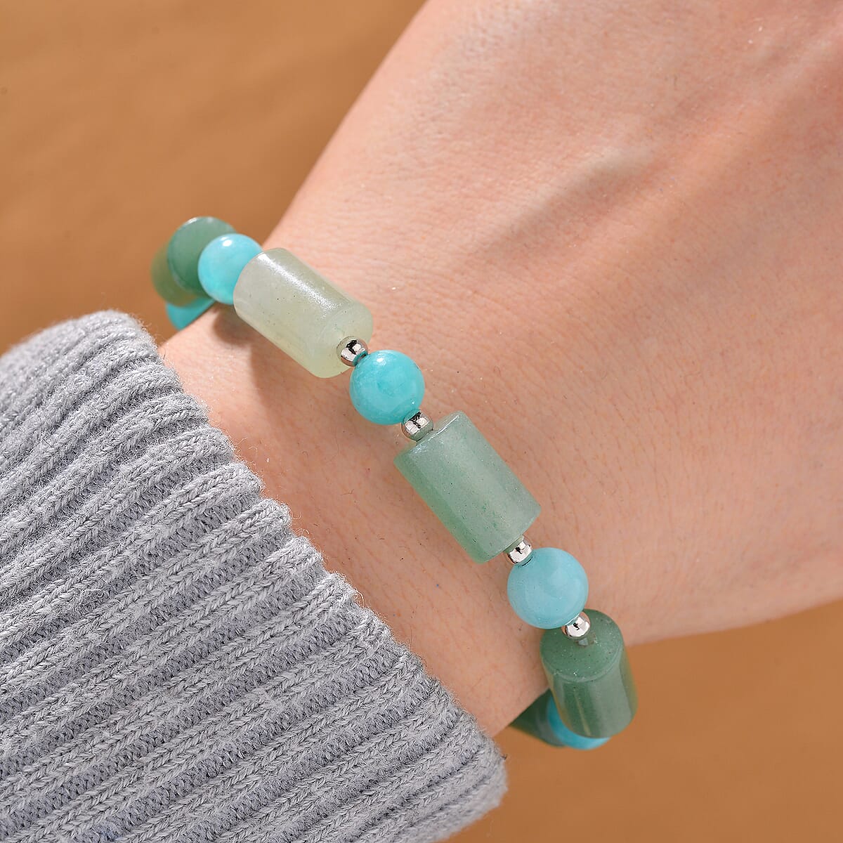 Green Aventurine and Amazonite 55 ctw Bracelet in Silvertone (6.5-8.5In)  image number 1