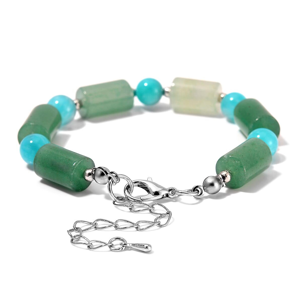 Green Aventurine and Amazonite 55 ctw Bracelet in Silvertone (6.5-8.5In)  image number 2