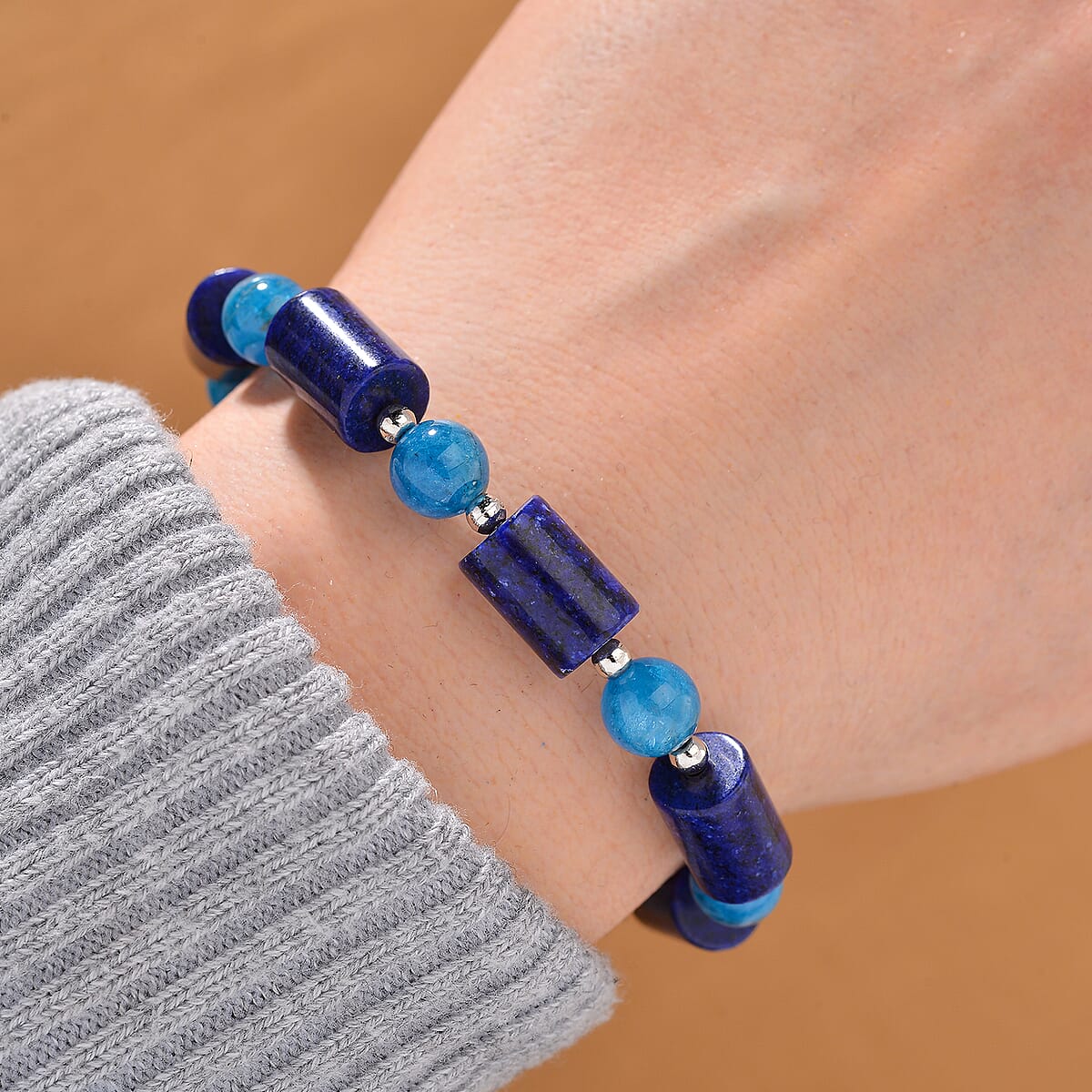 Lapis Lazuli and Blue Apatite 55 ctw Bracelet in Silvertone (6.5-8.5In)  image number 1