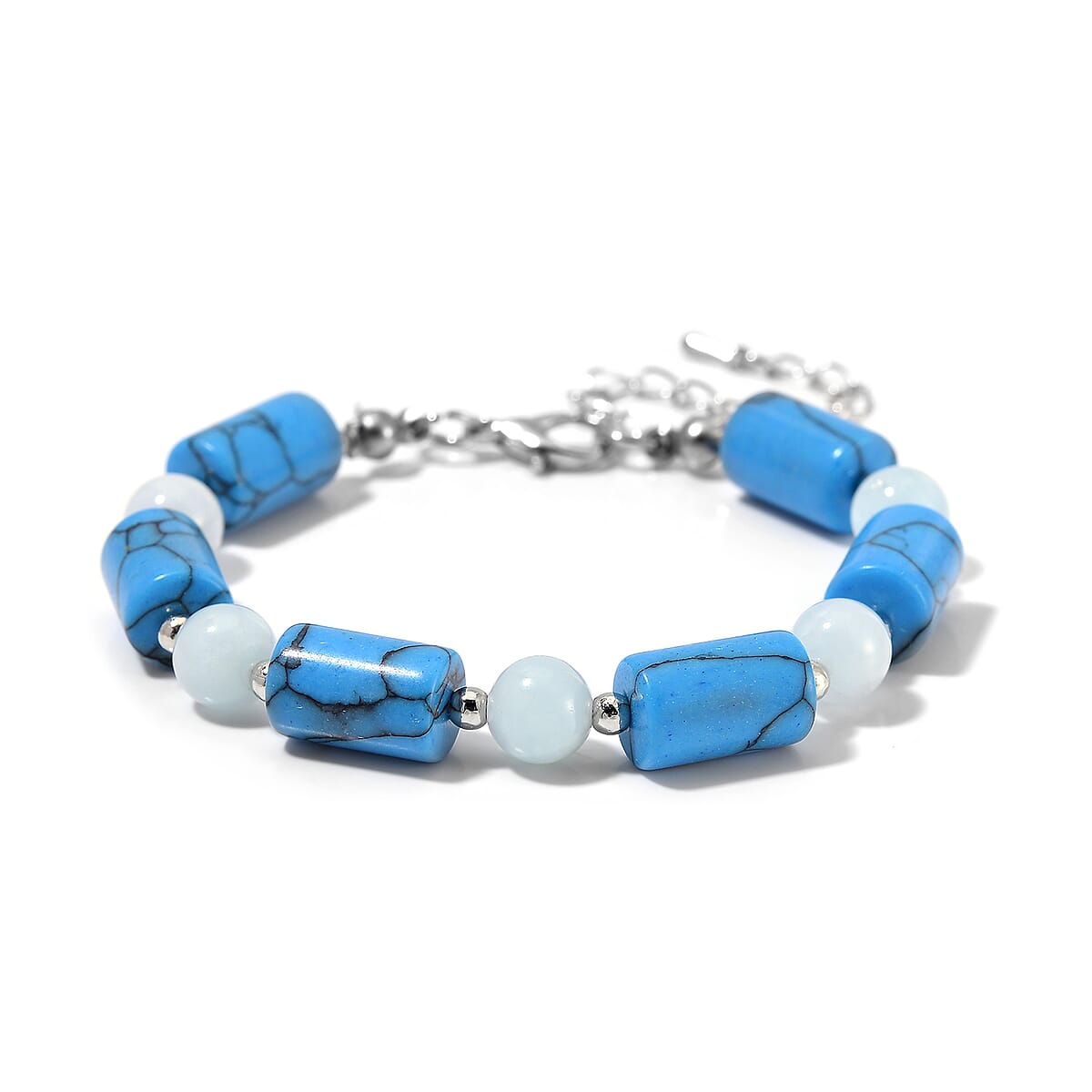 Blue Howlite and Aquamarine 55.00 ctw Bracelet in Silvertone (6.5-8.5In)  image number 0