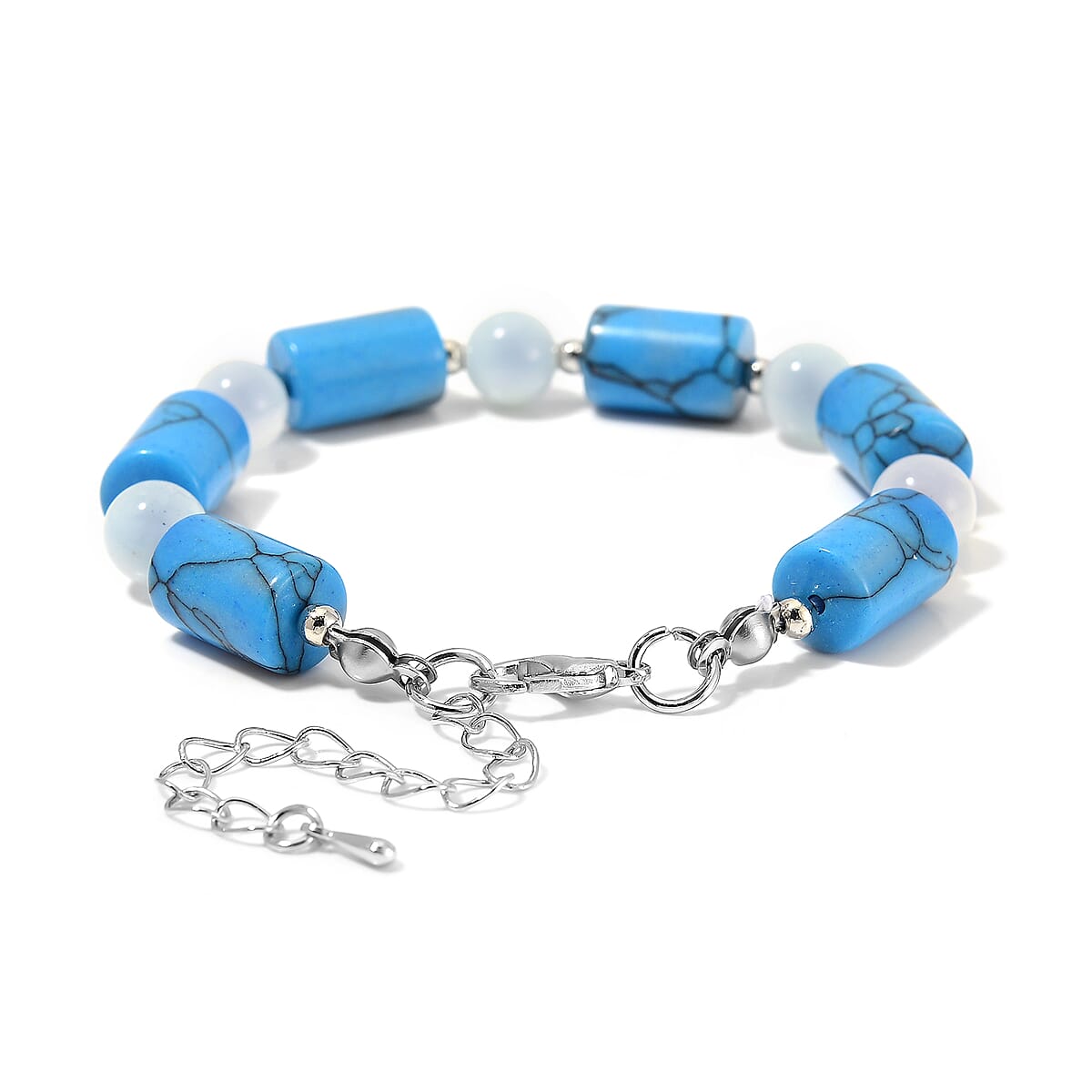 Blue Howlite and Aquamarine 55.00 ctw Bracelet in Silvertone (6.5-8.5In)  image number 2