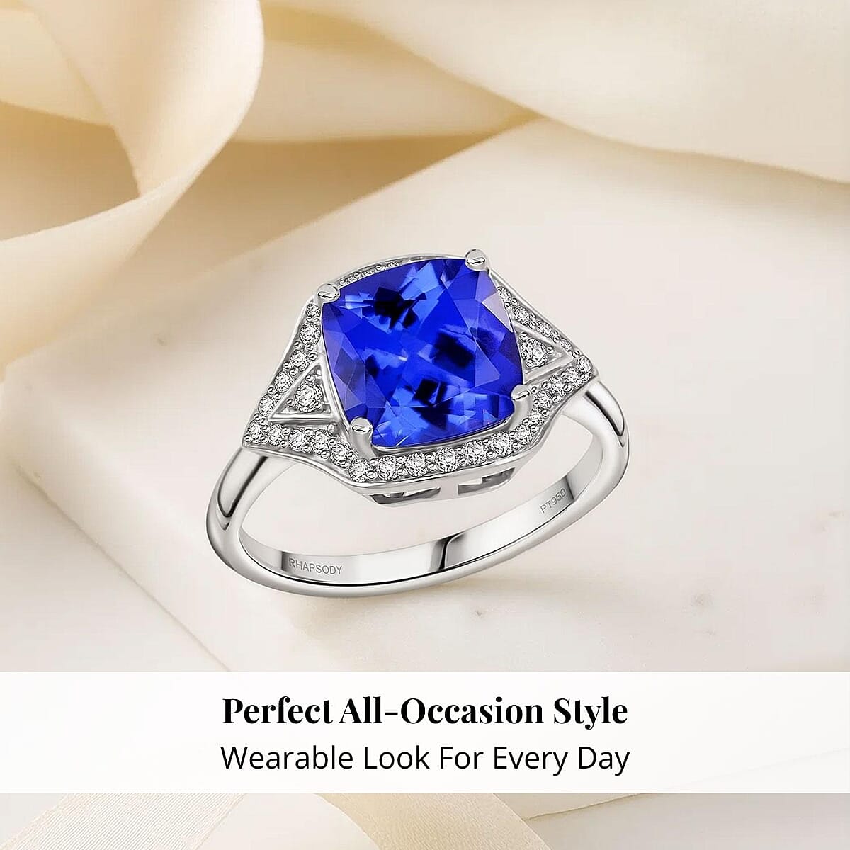 Certified & Appraised Rhapsody AAAA Tanzanite and E-F VS Diamond 4.50 ctw Ring in 950 Platinum (Size 7.5) 6.47 Grams image number 4