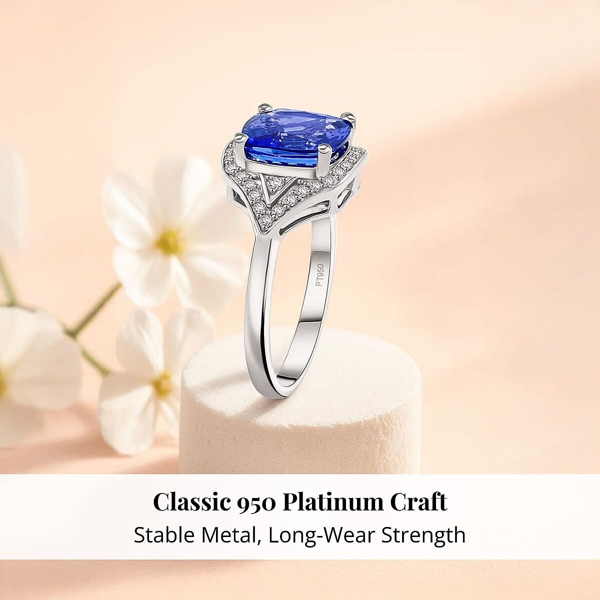 Certified & Appraised Rhapsody AAAA Tanzanite and E-F VS Diamond 4.50 ctw Ring in 950 Platinum (Size 8.0) 6.47 Grams image number 2