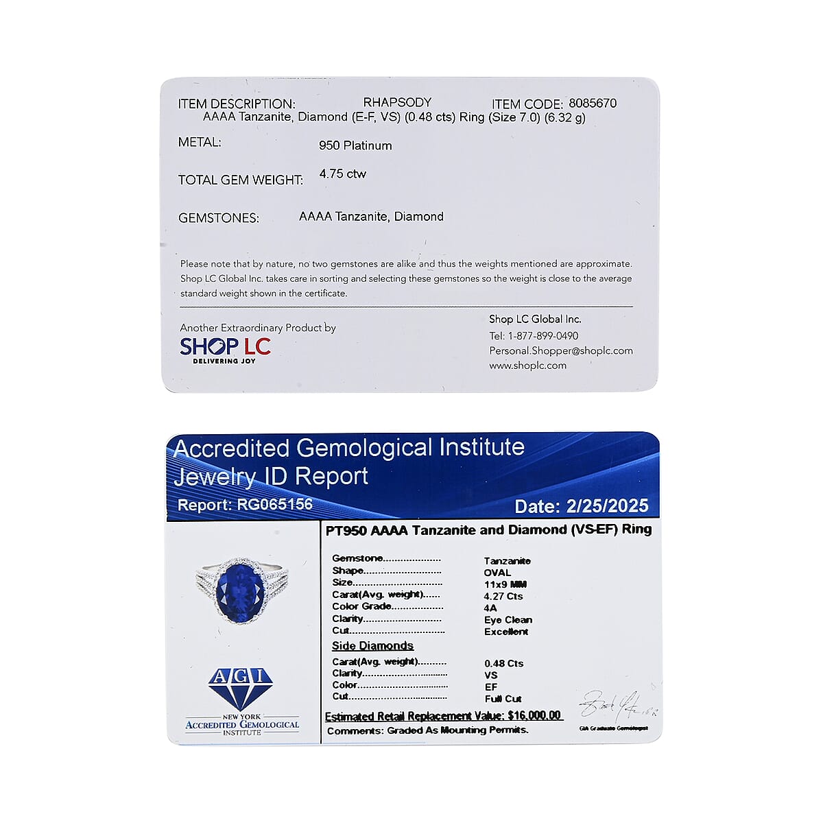 Certified & Appraised Rhapsody AAAA Tanzanite and E-F VS Diamond 4.75 ctw Ring in 950 Platinum (Size 6.0) 6.32 Grams image number 6