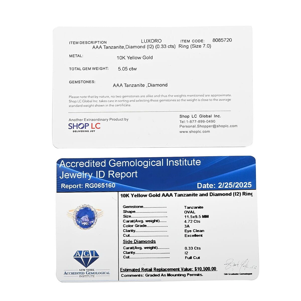 Certified & Appraised Luxoro 10K Yellow Gold AAA Tanzanite, Diamond (I2) (0.33 cts) Ring (Size 10.5) 5.05 ctw image number 6