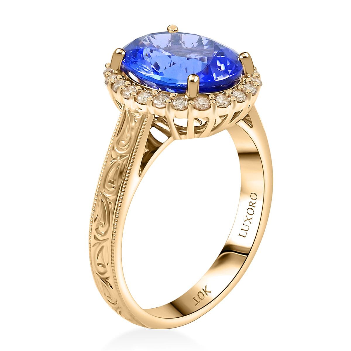 Certified & Appraised Luxoro 10K Yellow Gold AAA Tanzanite, Diamond (I2) (0.33 cts) Ring (Size 5.5) 5.05 ctw image number 3