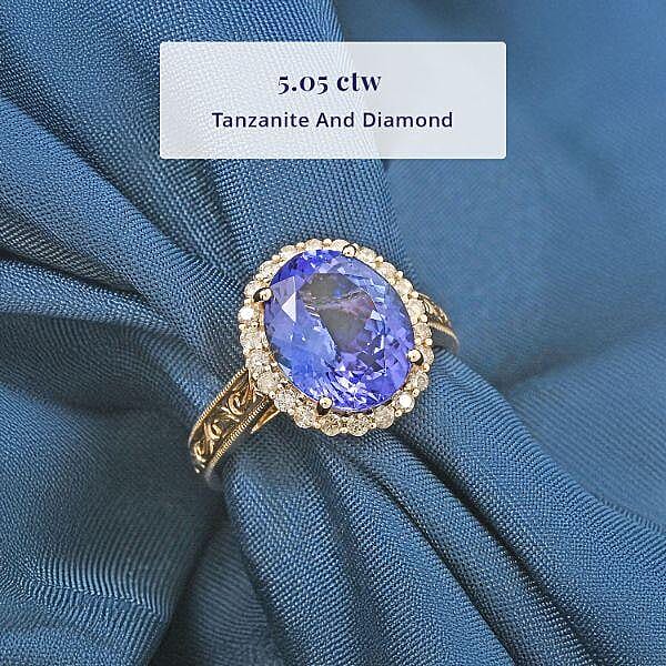 Certified & Appraised Luxoro AAA Tanzanite and I2 Diamond 5.05 ctw Ring in 10K Yellow Gold (Size 6.0)