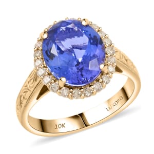 Certified & Appraised Luxoro AAA Tanzanite and I2 Diamond 5.05 ctw Ring in 10K Yellow Gold (Size 7.0)