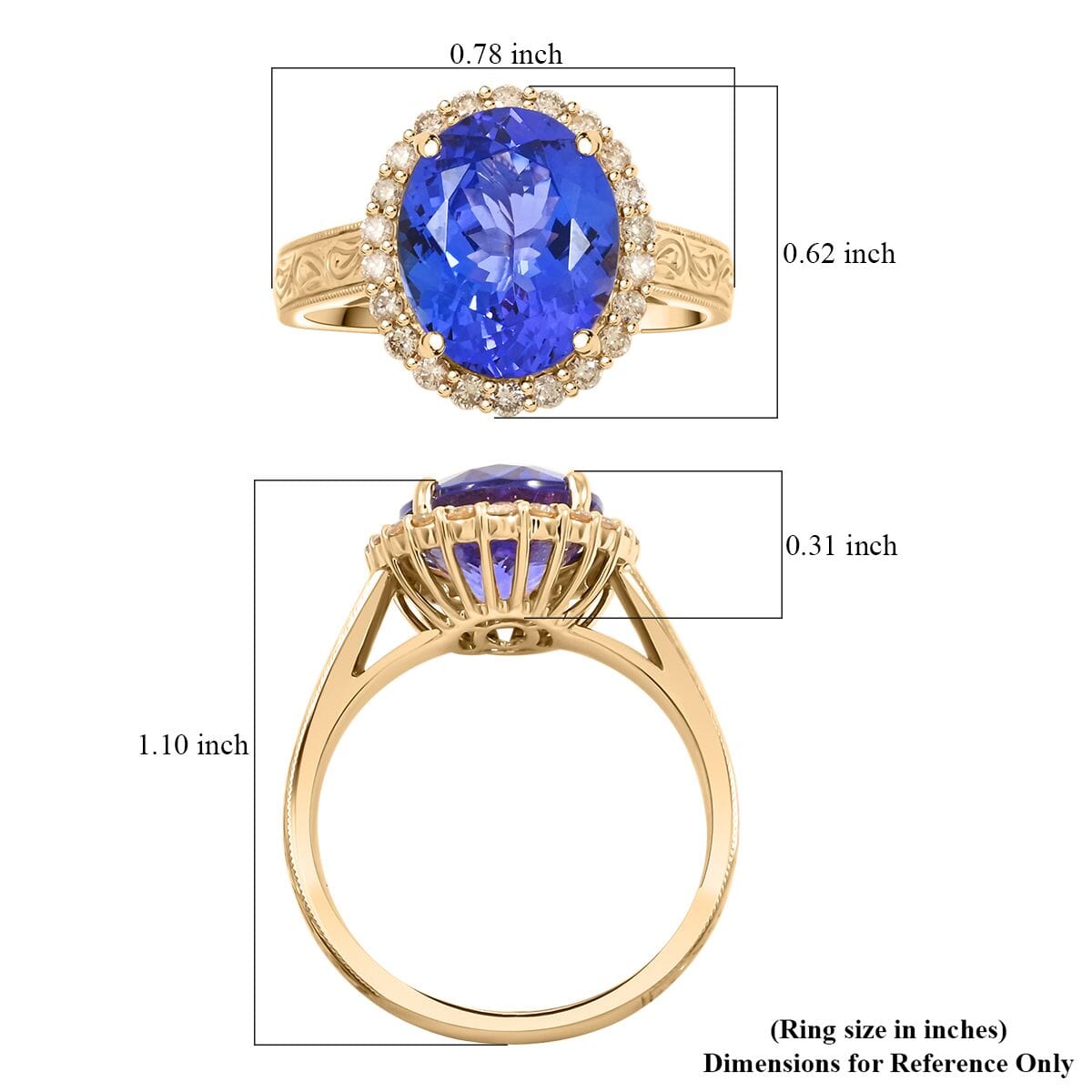 Certified & Appraised Luxoro AAA Tanzanite and I2 Diamond 5.05 ctw Ring in 10K Yellow Gold (Size 7.0) image number 5
