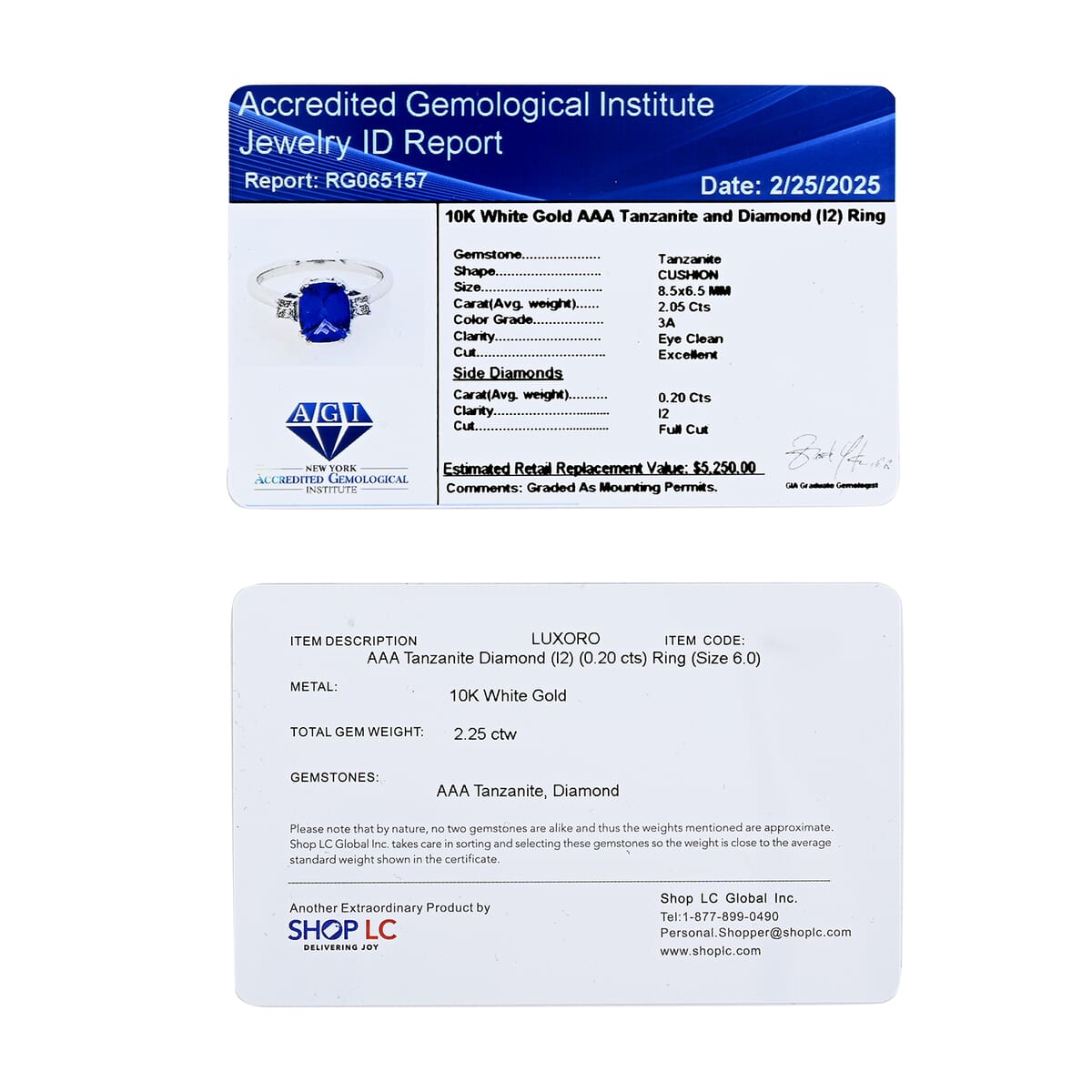 Certified & Appraised Luxoro 10K White Gold AAA Tanzanite, Diamond (I2) (0.20 cts) Ring (Size 10.0) 2.25 ctw image number 6