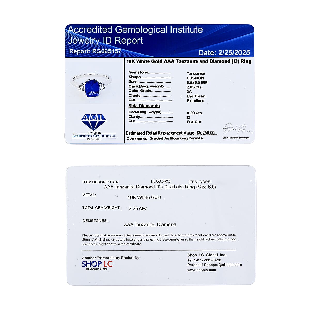 Certified & Appraised Luxoro 10K White Gold AAA Tanzanite, Diamond (I2) (0.20 cts) Ring (Size 6.5) 2.25 ctw image number 6