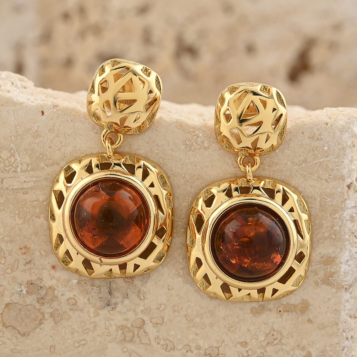 Baltic Amber Round Earrings in 14K YG Over Sterling Silver image number 1