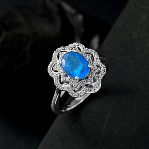 D'Joy Malgache Neon Apatite and White Zircon 2.60 ctw Ocean Bloom Ring in Rhodium Over Sterling Silver (Size 10.0)
