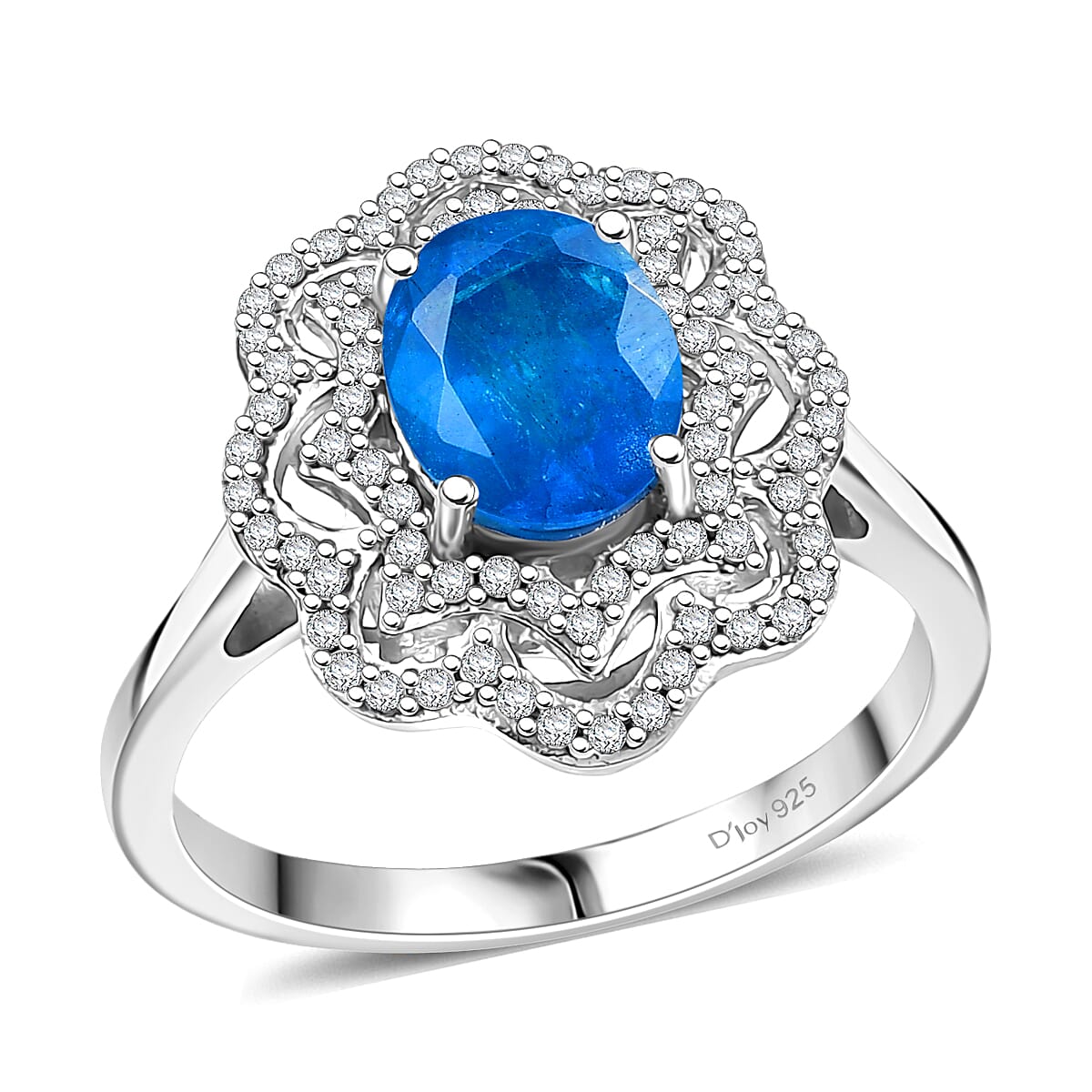 D'Joy Malgache Neon Apatite and White Zircon 2.60 ctw Ocean Bloom Ring in Rhodium Over Sterling Silver (Size 8.0) image number 0
